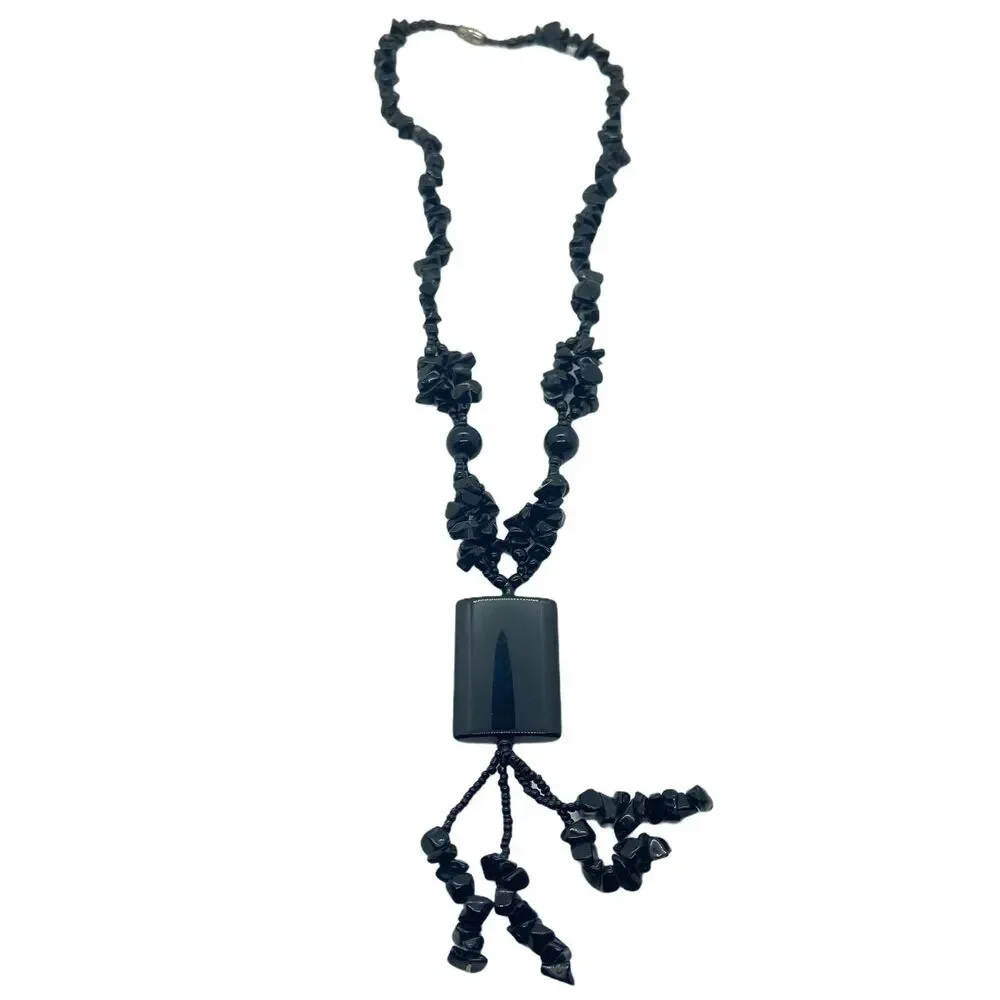 Women's Black Onyx Screw Clasp Beaded Chip Rectangle Pendant Necklace 13 inches